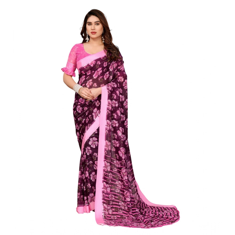 Generic Women's Georgette Printed Saree With Unstitched Blouse 5.5Mtr (Pink)