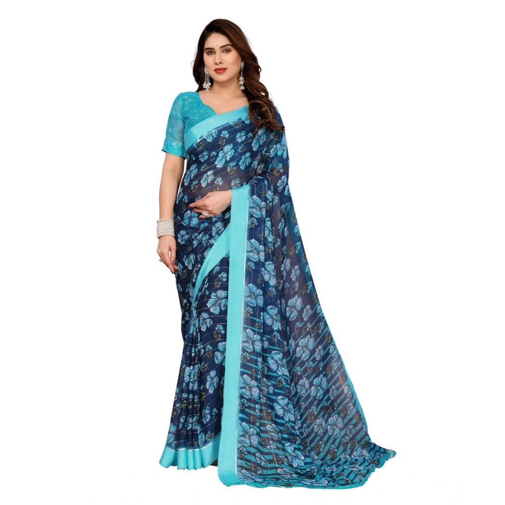 Generic Women's Georgette Printed Saree With Unstitched Blouse 5.5Mtr (Sky Blue)