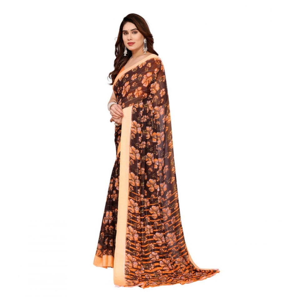Generic Women's Georgette Printed Saree With Unstitched Blouse 5.5Mtr (Brown)