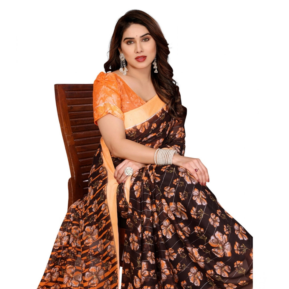 Generic Women's Georgette Printed Saree With Unstitched Blouse 5.5Mtr (Brown)