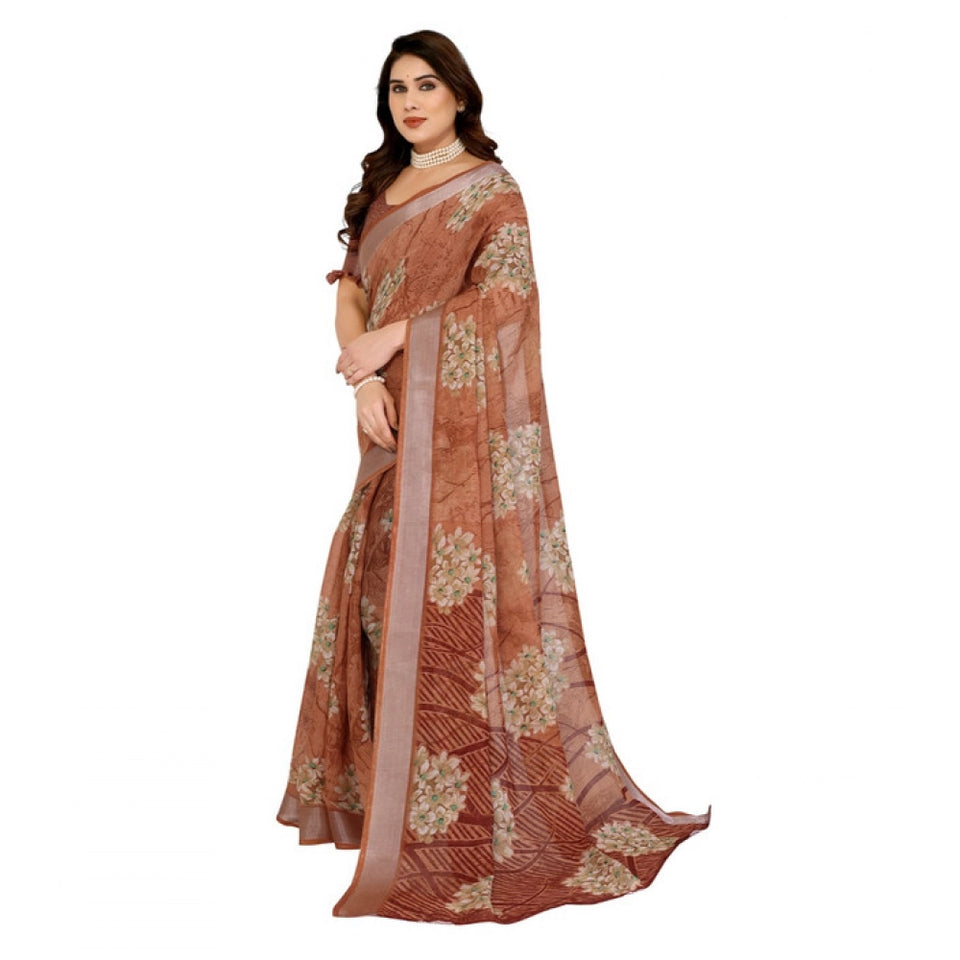 Generic Women's Georgette Printed Saree With Unstitched Blouse 5.5Mtr (Brown)