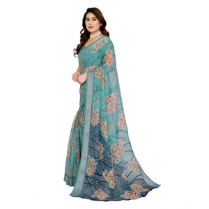 Generic Women's Georgette Printed Saree With Unstitched Blouse 5.5Mtr (Turquoise Green)