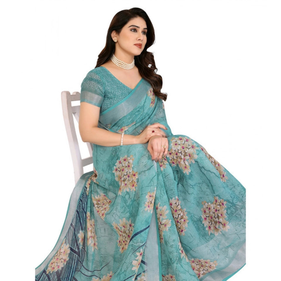 Generic Women's Georgette Printed Saree With Unstitched Blouse 5.5Mtr (Turquoise Green)