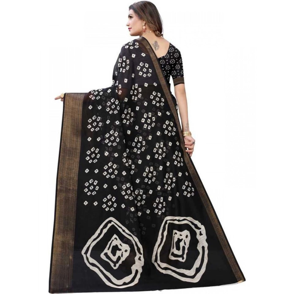 Generic Women's Cotton Silk Bandhni Saree With Unstitched Blouse 5.5Mtr (Black)