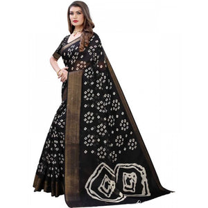 Generic Women's Cotton Silk Bandhni Saree With Unstitched Blouse 5.5Mtr (Black)