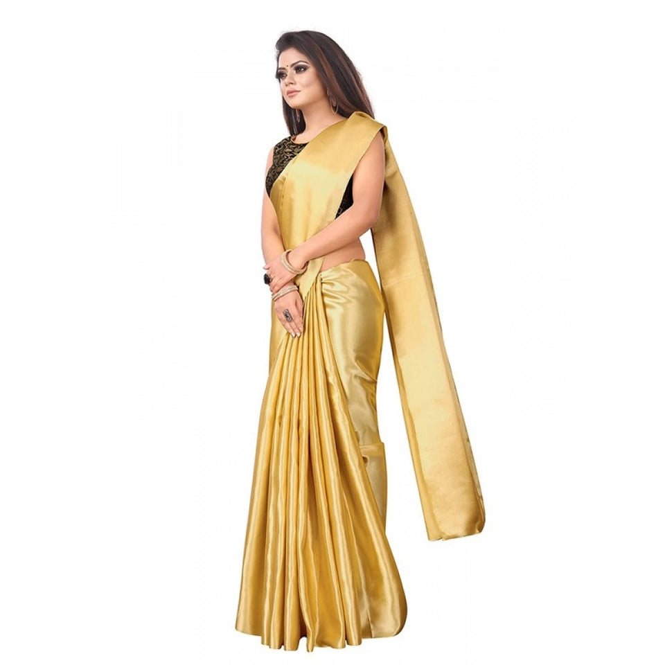 Generic Women's Satin Printed Saree With Unstitched Blouse 5.5Mtr (Gold)