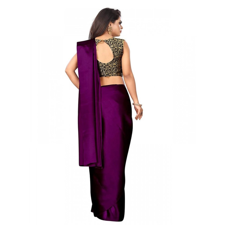 Generic Women's Satin Printed Saree With Unstitched Blouse 5.5Mtr (Wine)