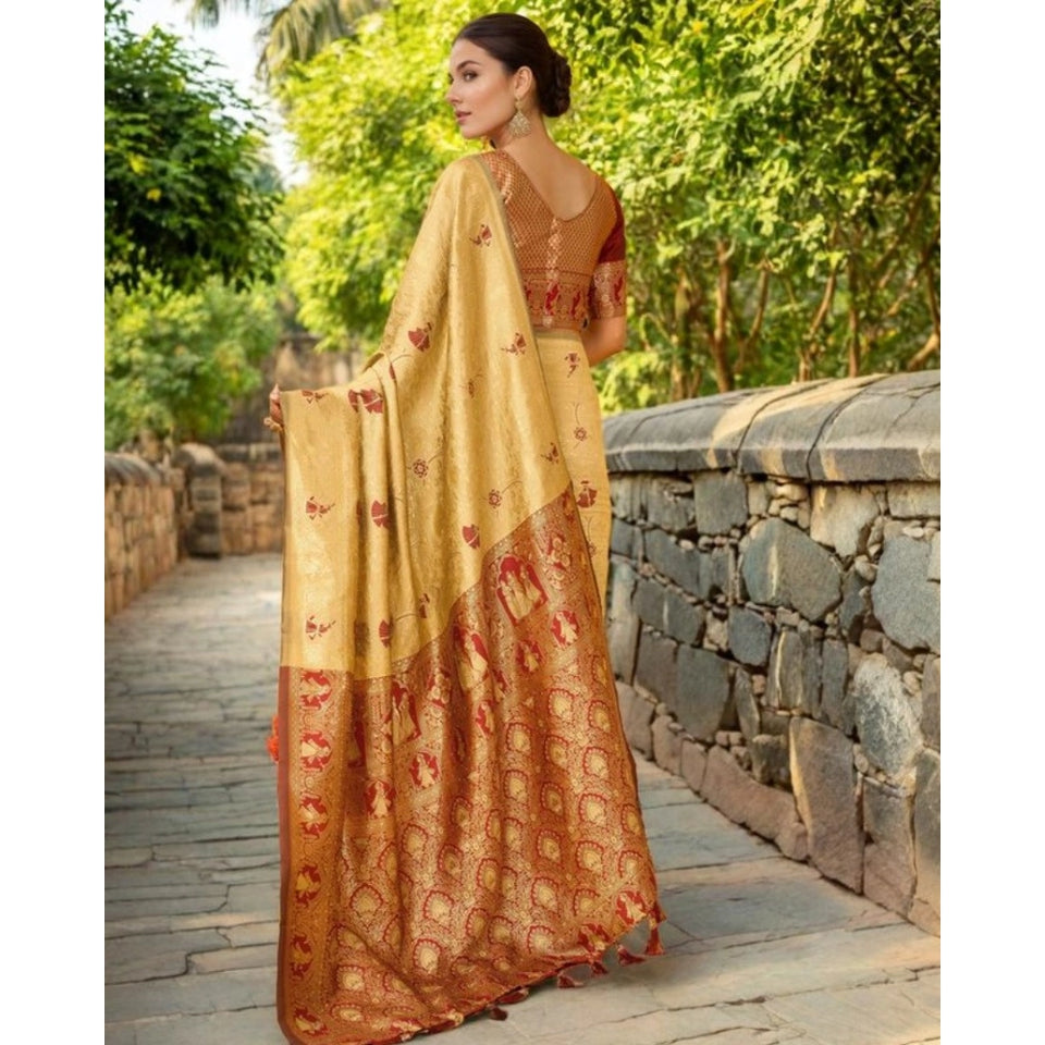 Generic Women's Silk Blend Woven Paithani Saree With Unstitched Blouse 5.5Mtr (Beige)