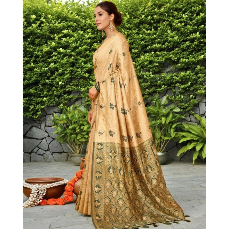 Generic Women's Silk Blend Woven Paithani Saree With Unstitched Blouse 5.5Mtr (Cream)
