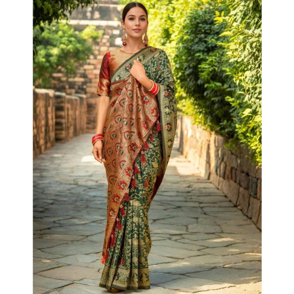 Generic Women's Silk Blend Woven Paithani Saree With Unstitched Blouse 5.5Mtr (Green)