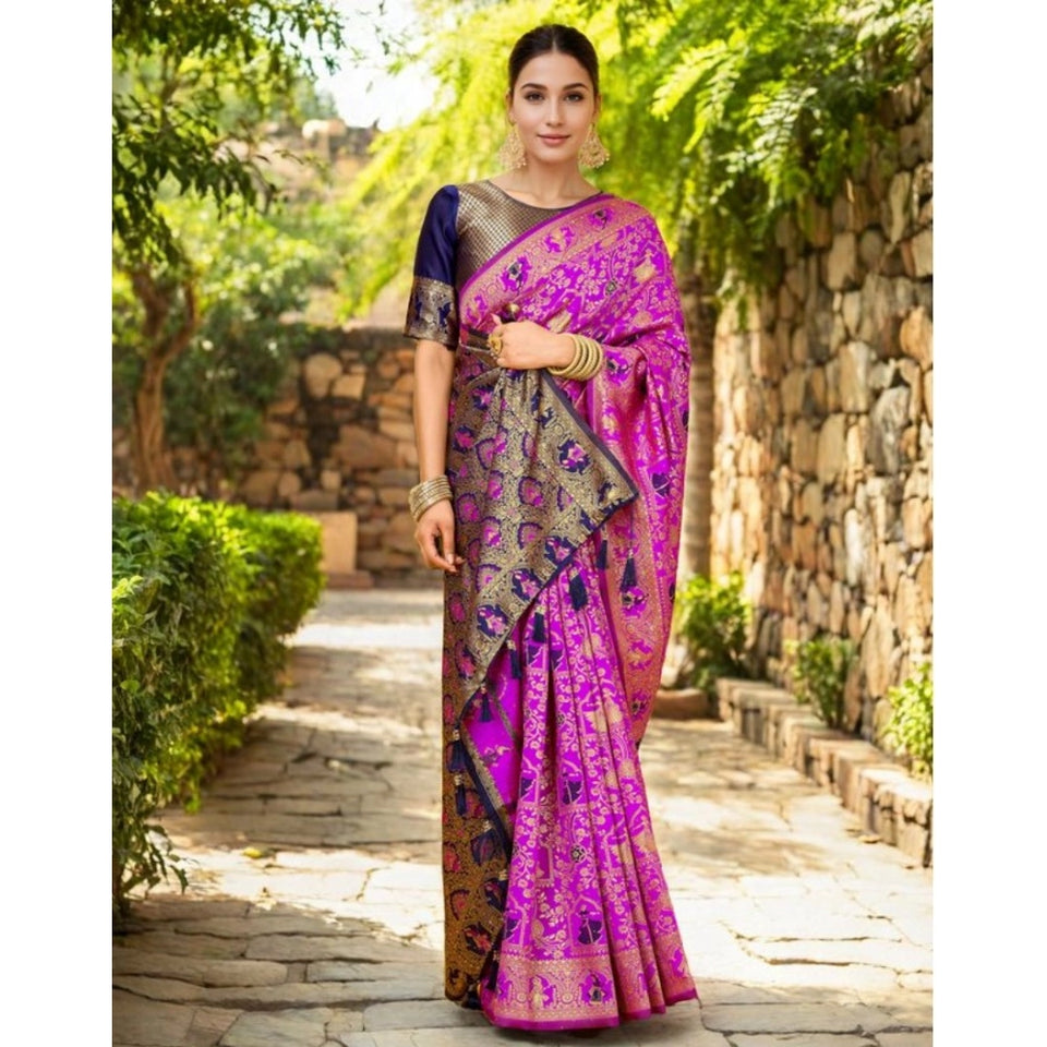 Generic Women's Silk Blend Woven Paithani Saree With Unstitched Blouse 5.5Mtr (Pink)