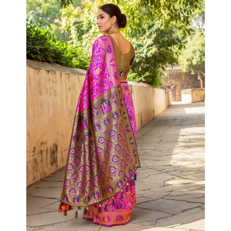 Generic Women's Silk Blend Woven Paithani Saree With Unstitched Blouse 5.5Mtr (Pink)