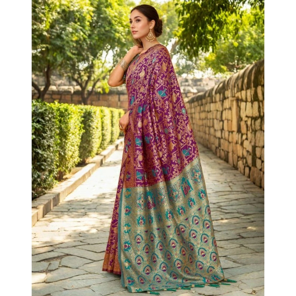 Generic Women's Silk Blend Woven Paithani Saree With Unstitched Blouse 5.5Mtr (Purple)
