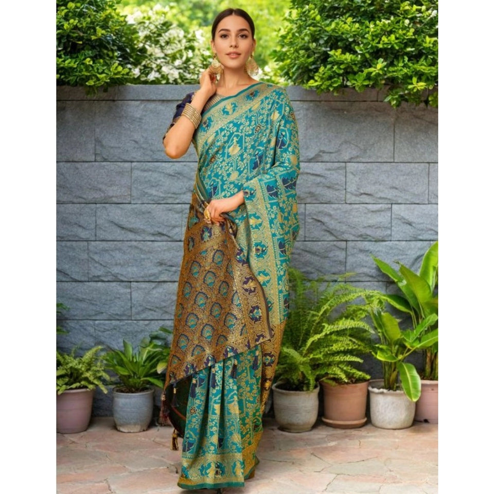 Generic Women's Silk Blend Woven Paithani Saree With Unstitched Blouse 5.5Mtr (Rama)