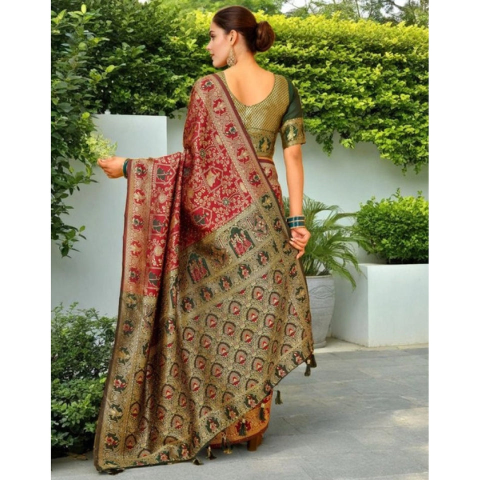 Generic Women's Silk Blend Woven Paithani Saree With Unstitched Blouse 5.5Mtr (Red)