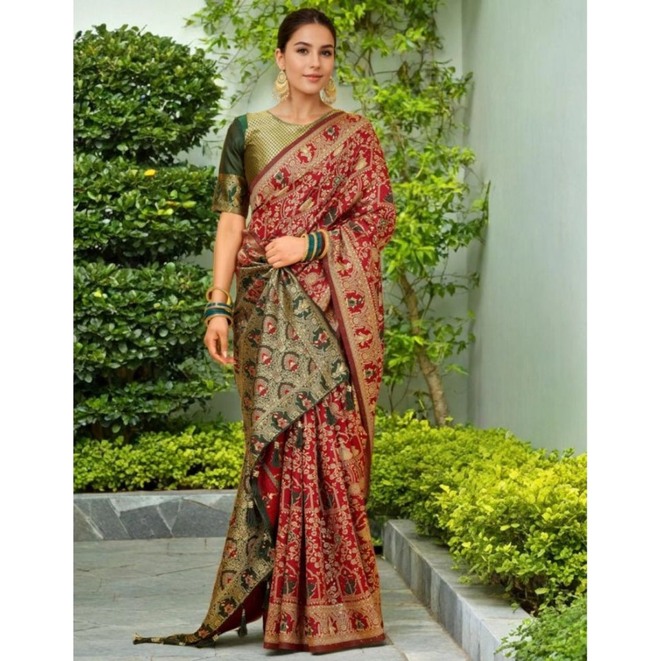 Generic Women's Silk Blend Woven Paithani Saree With Unstitched Blouse 5.5Mtr (Red)