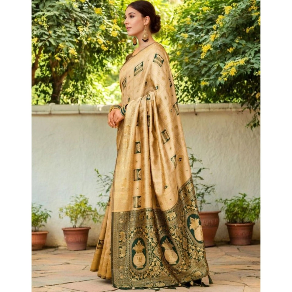 Generic Women's Silk Blend Woven Zari Work Saree With Unstitched Blouse 5.5Mtr (Cream)