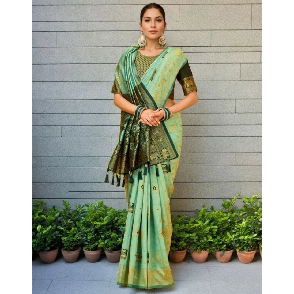 Generic Women's Silk Blend Woven Zari Work Saree With Unstitched Blouse 5.5Mtr (Mint Green)