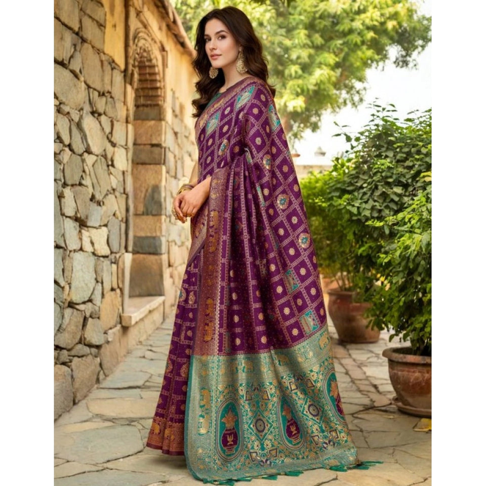 Generic Women's Silk Blend Woven Zari Work Saree With Unstitched Blouse 5.5Mtr (Purple)