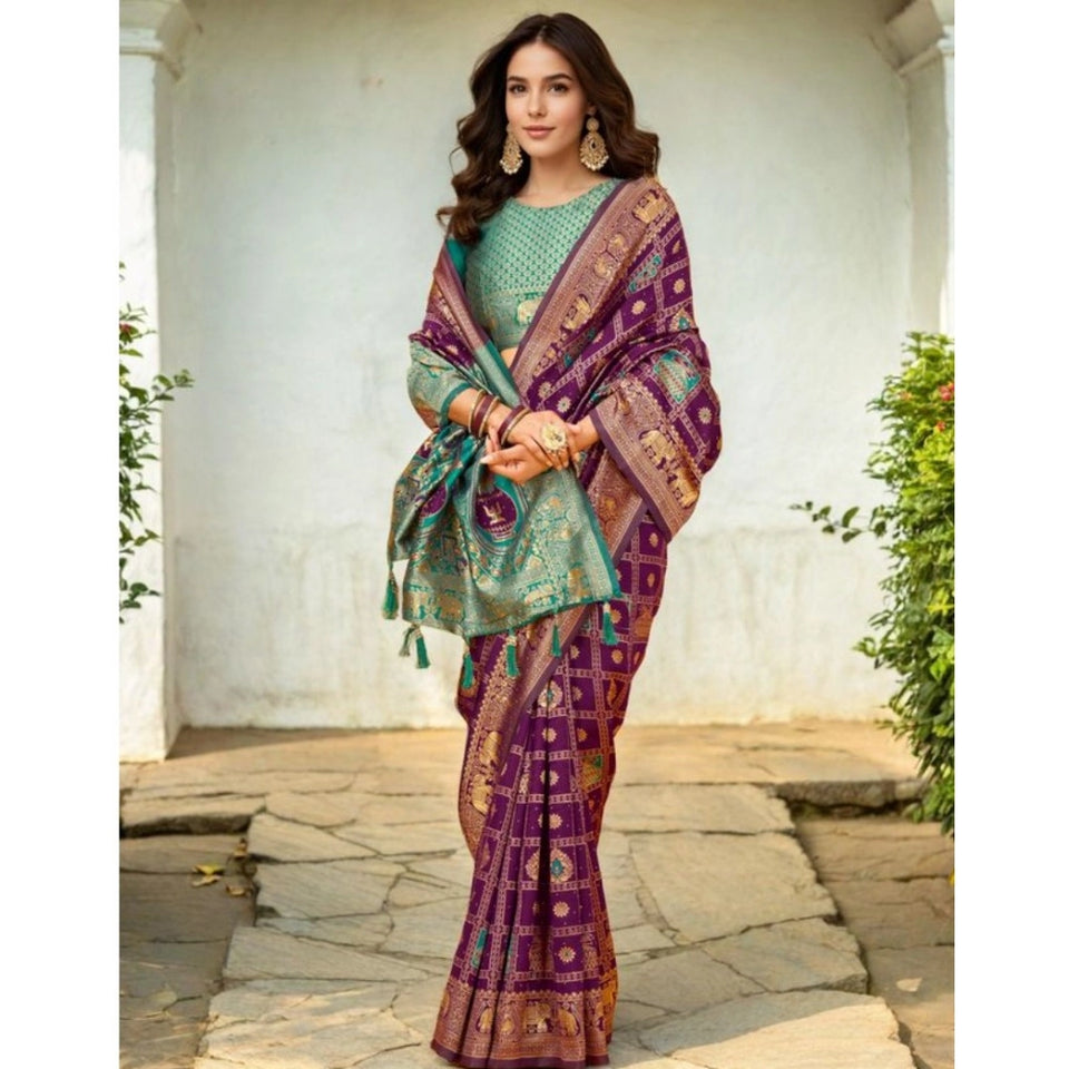 Generic Women's Silk Blend Woven Zari Work Saree With Unstitched Blouse 5.5Mtr (Purple)