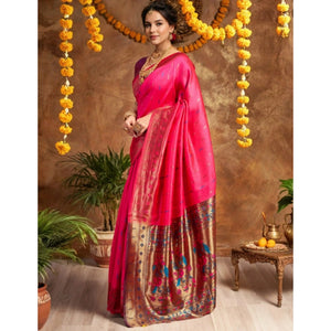 Generic Women's Silk Blend Zari Woven Saree With Unstitched Blouse 5.5Mtr (Pink)