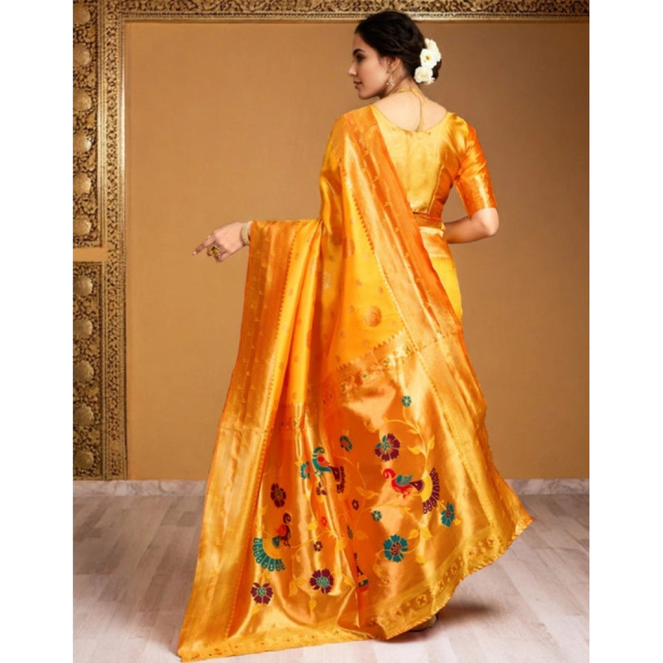 Generic Women's Silk Blend Paithani Saree With Unstitched Blouse 5.5Mtr (Mustard)