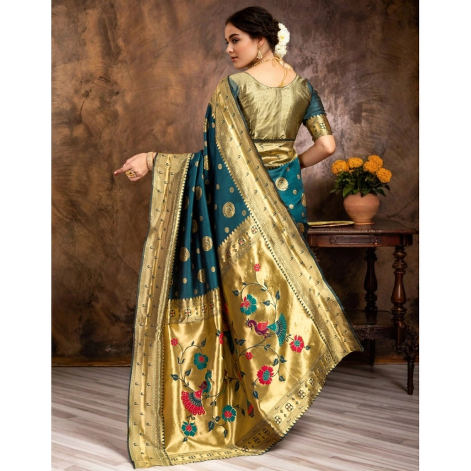 Generic Women's Silk Blend Paithani Saree With Unstitched Blouse 5.5Mtr (Teal)
