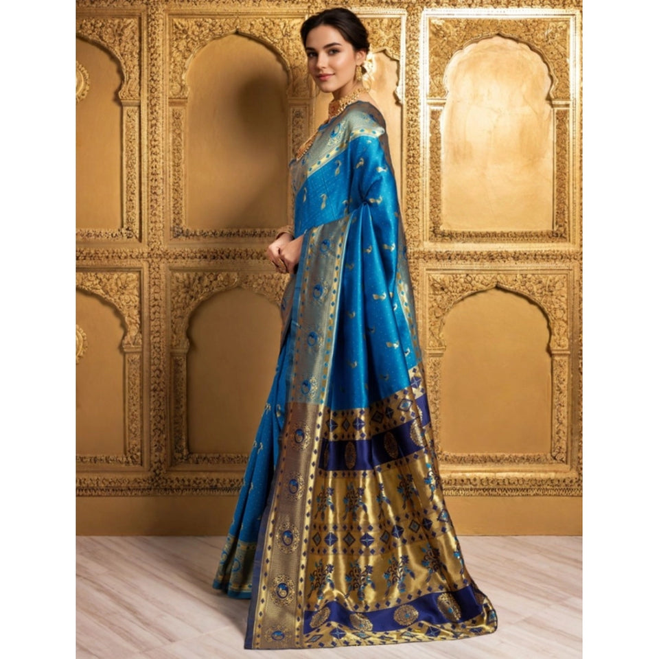 Generic Women's Silk Blend Zari Weaving Saree With Unstitched Blouse 5.5Mtr (Aqua)