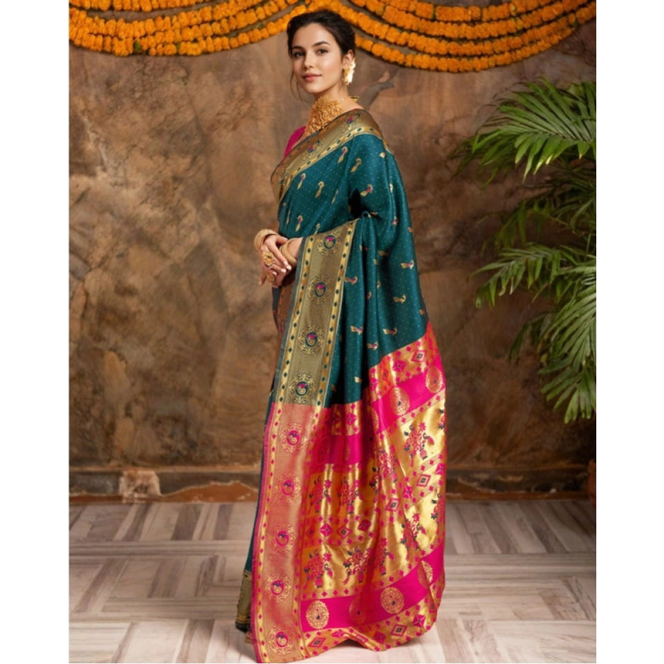 Generic Women's Silk Blend Zari Weaving Saree With Unstitched Blouse 5.5Mtr (Dark-Green)