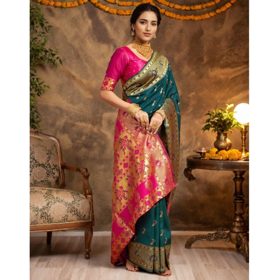 Generic Women's Silk Blend Zari Weaving Saree With Unstitched Blouse 5.5Mtr (Dark-Green)
