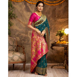 Generic Women's Silk Blend Zari Weaving Saree With Unstitched Blouse 5.5Mtr (Dark-Green)