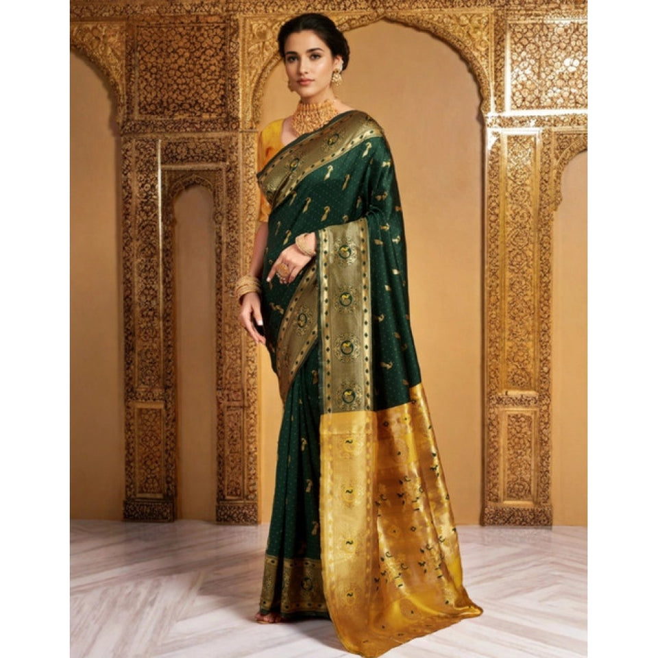 Generic Women's Silk Blend Zari Weaving Saree With Unstitched Blouse 5.5Mtr (Green (5))
