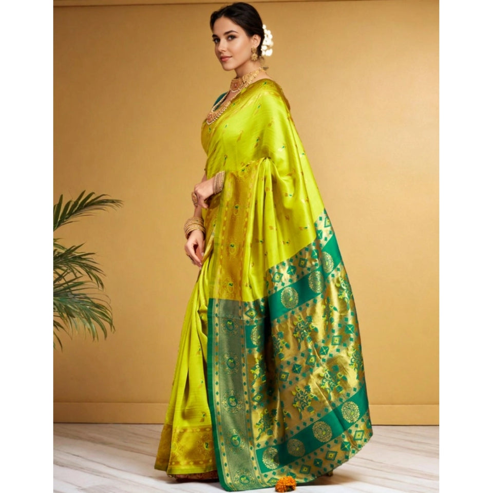 Generic Women's Silk Blend Zari Weaving Saree With Unstitched Blouse 5.5Mtr (Lime-Green)