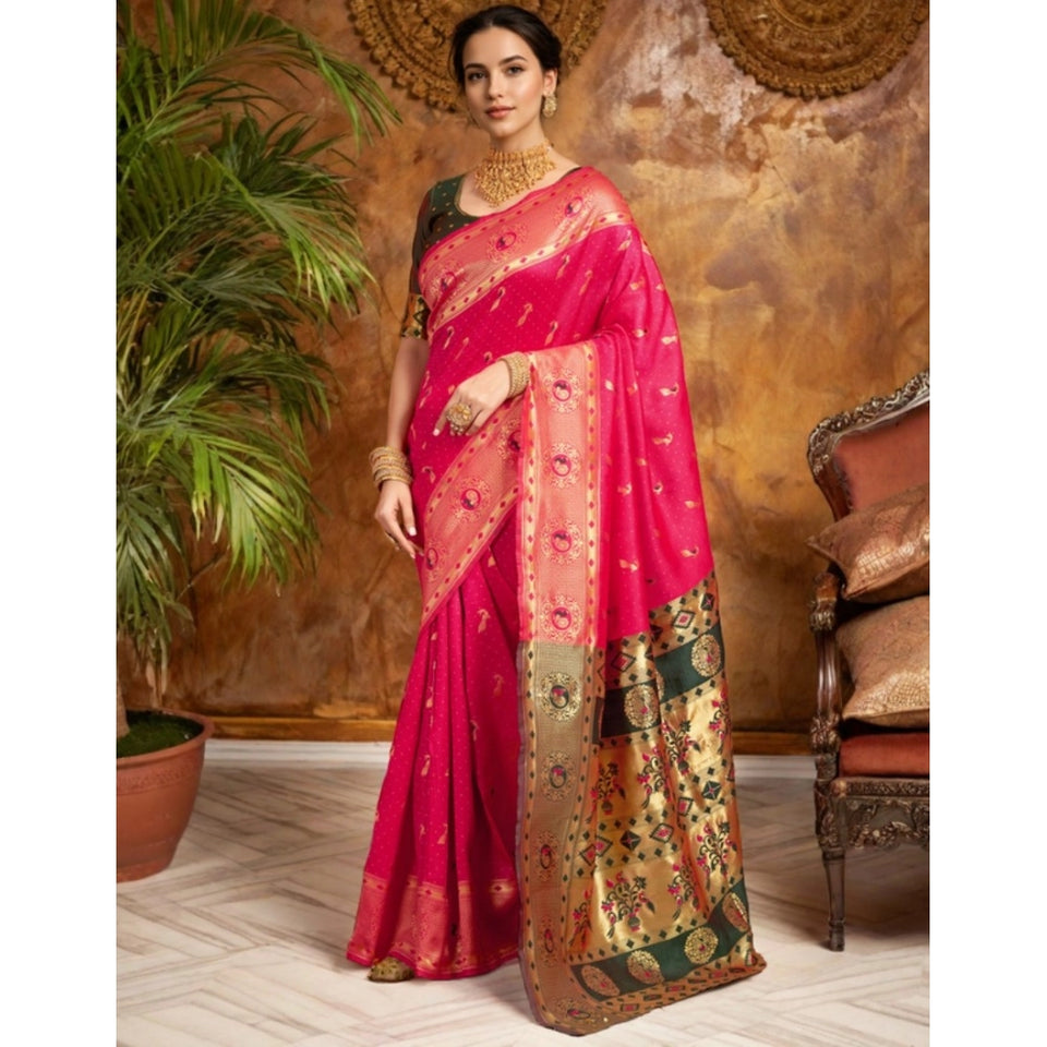 Generic Women's Silk Blend Zari Weaving Saree With Unstitched Blouse 5.5Mtr (Pink)