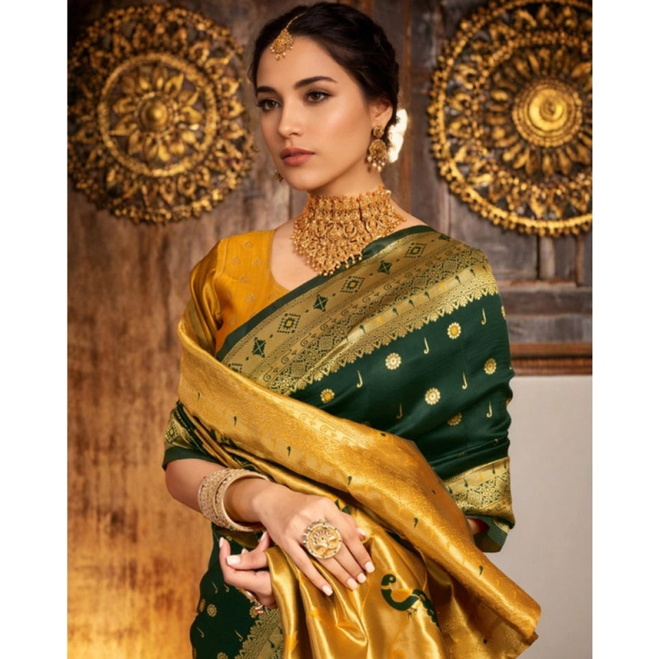 Generic Women's Silk Blend Zari Weaving Saree With Unstitched Blouse 5.5Mtr (Green)