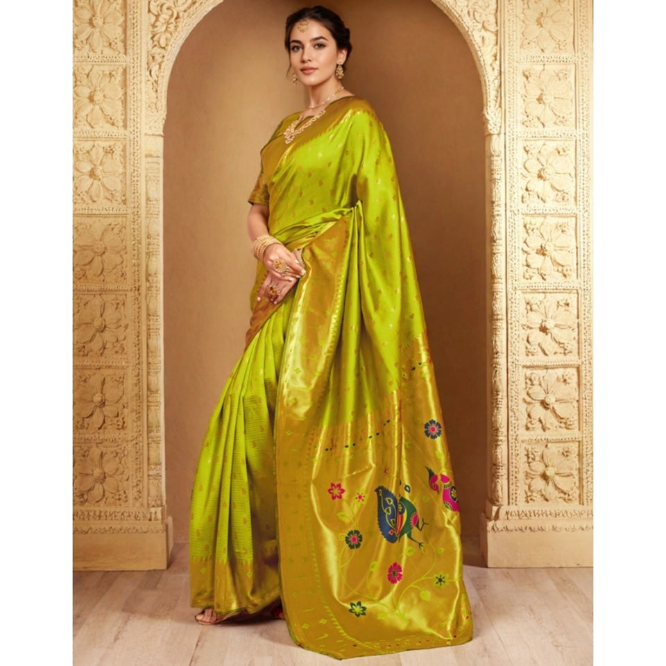 Generic Women's Silk Blend Zari Weaving Saree With Unstitched Blouse 5.5Mtr (Lime-Green)
