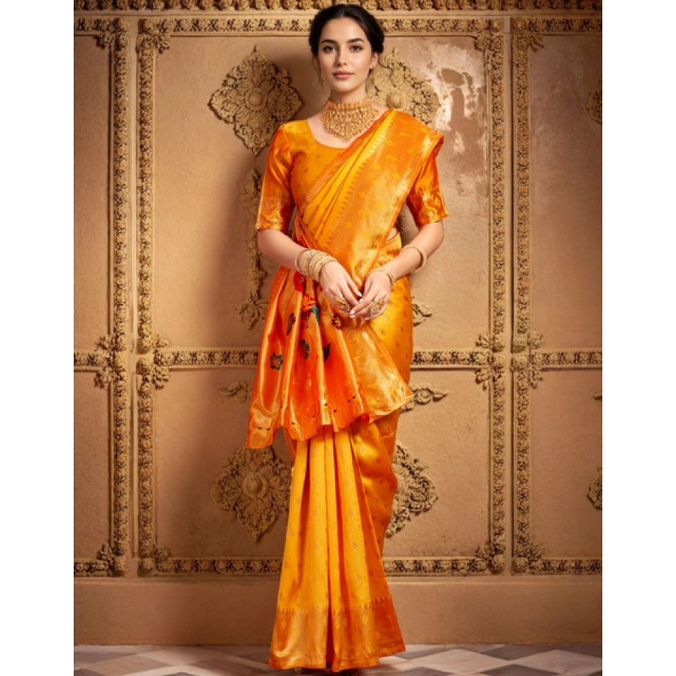Generic Women's Silk Blend Zari Weaving Saree With Unstitched Blouse 5.5Mtr (Mustard)