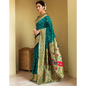 Generic Women's Silk Blend Zari Weaving Saree With Unstitched Blouse 5.5Mtr (Rama)
