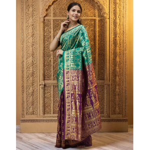 Generic Women's Silk Blend Zari Weaving Saree With Unstitched Blouse 5.5Mtr (Light Green)