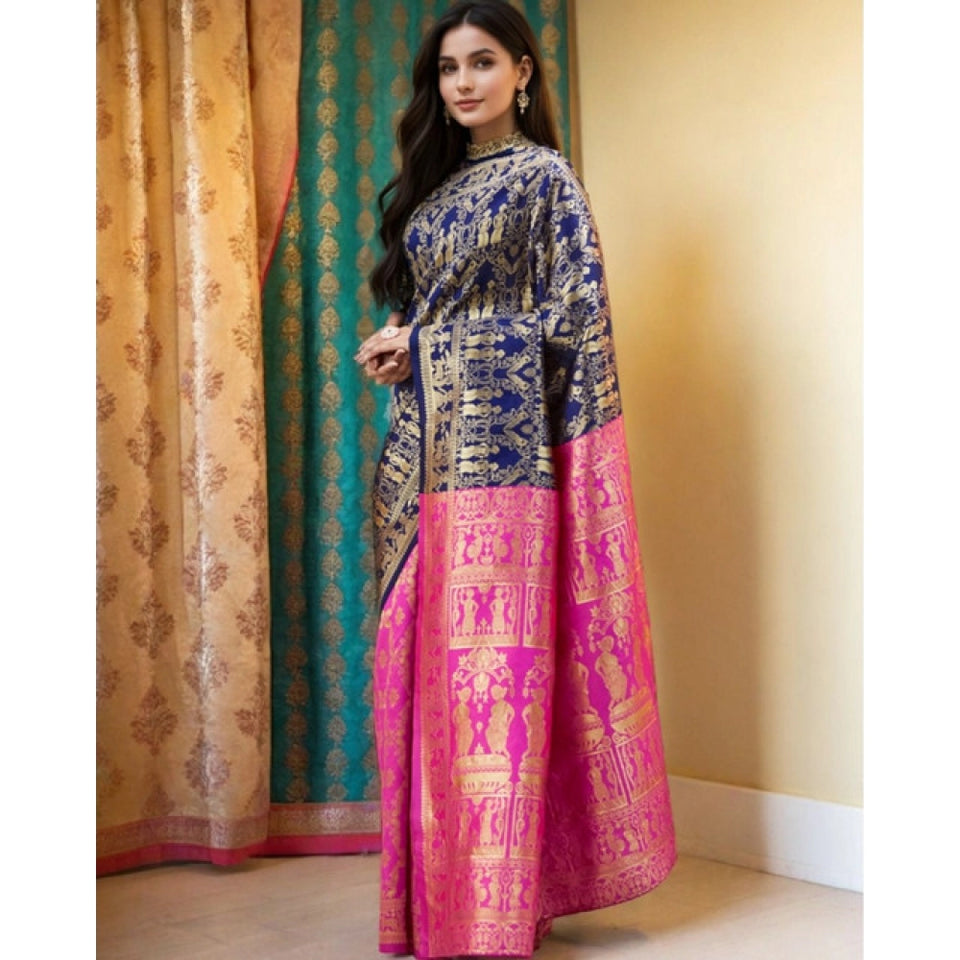 Generic Women's Silk Blend Zari Weaving Saree With Unstitched Blouse 5.5Mtr (Navy)