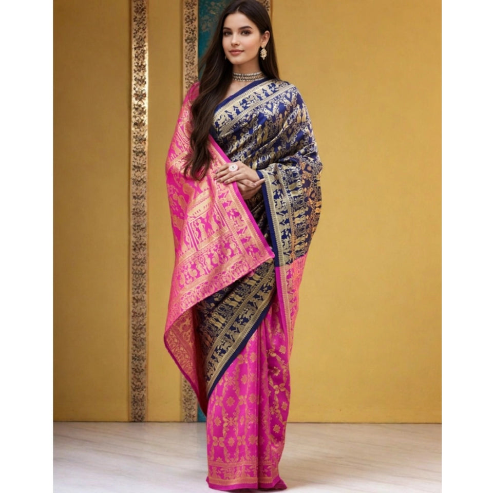 Generic Women's Silk Blend Zari Weaving Saree With Unstitched Blouse 5.5Mtr (Navy)
