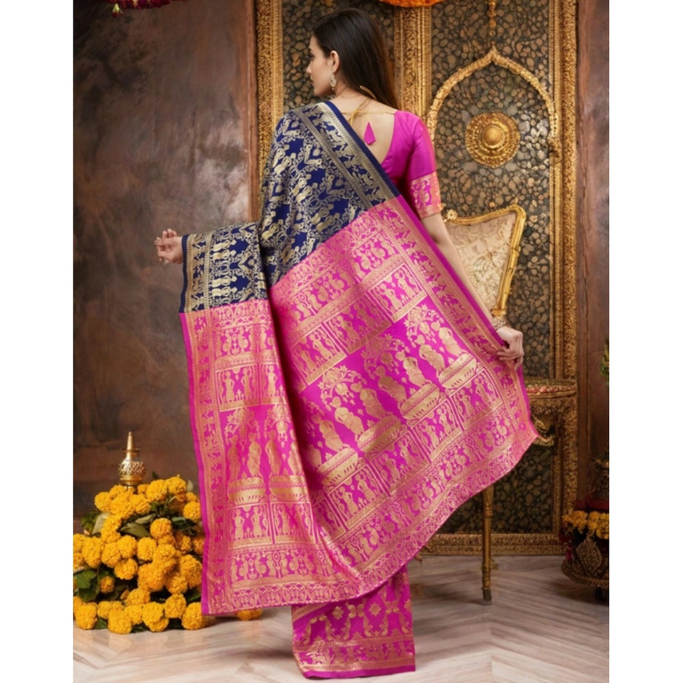 Generic Women's Silk Blend Zari Weaving Saree With Unstitched Blouse 5.5Mtr (Navy)