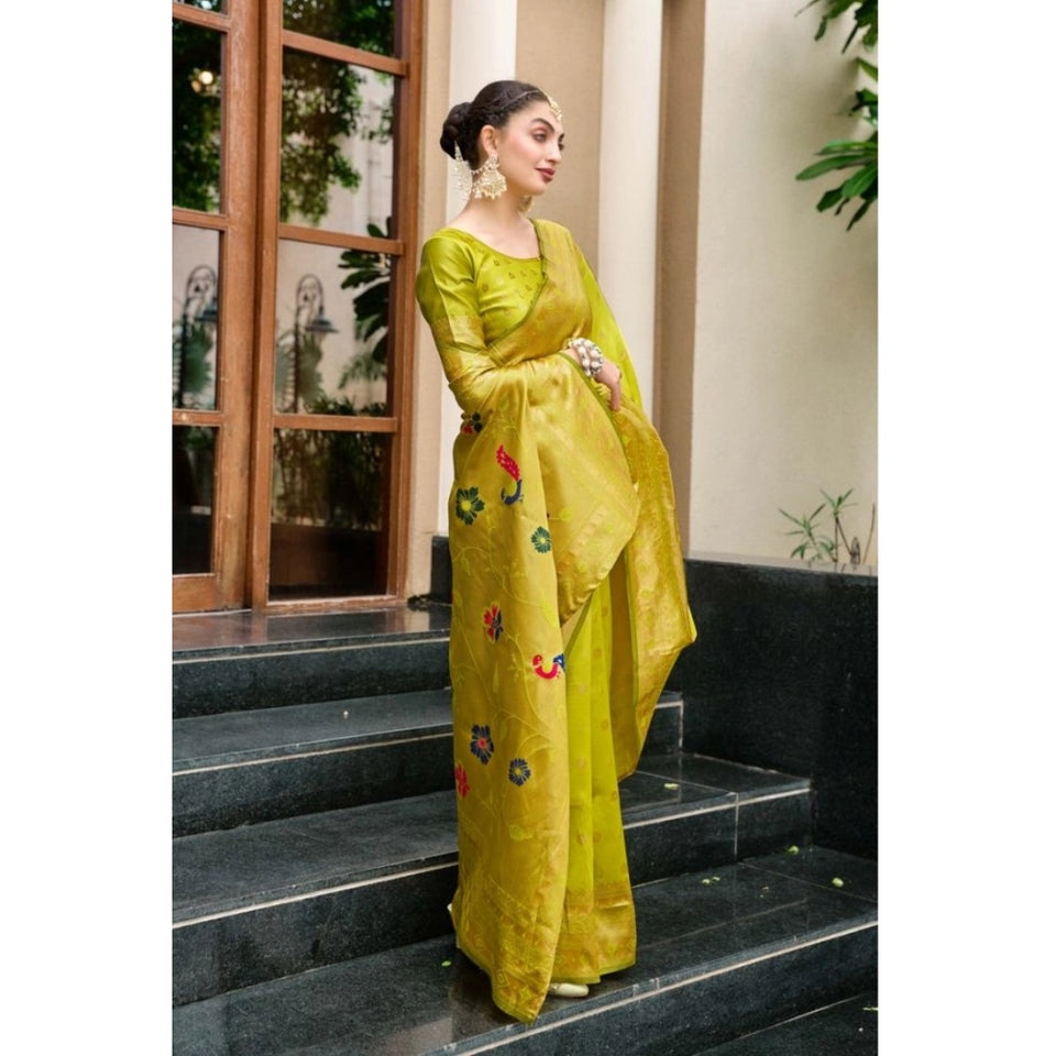 Generic Women's Silk Blend Paithani Weaving Saree With Unstitched Blouse 5.5Mtr (Lime Green)