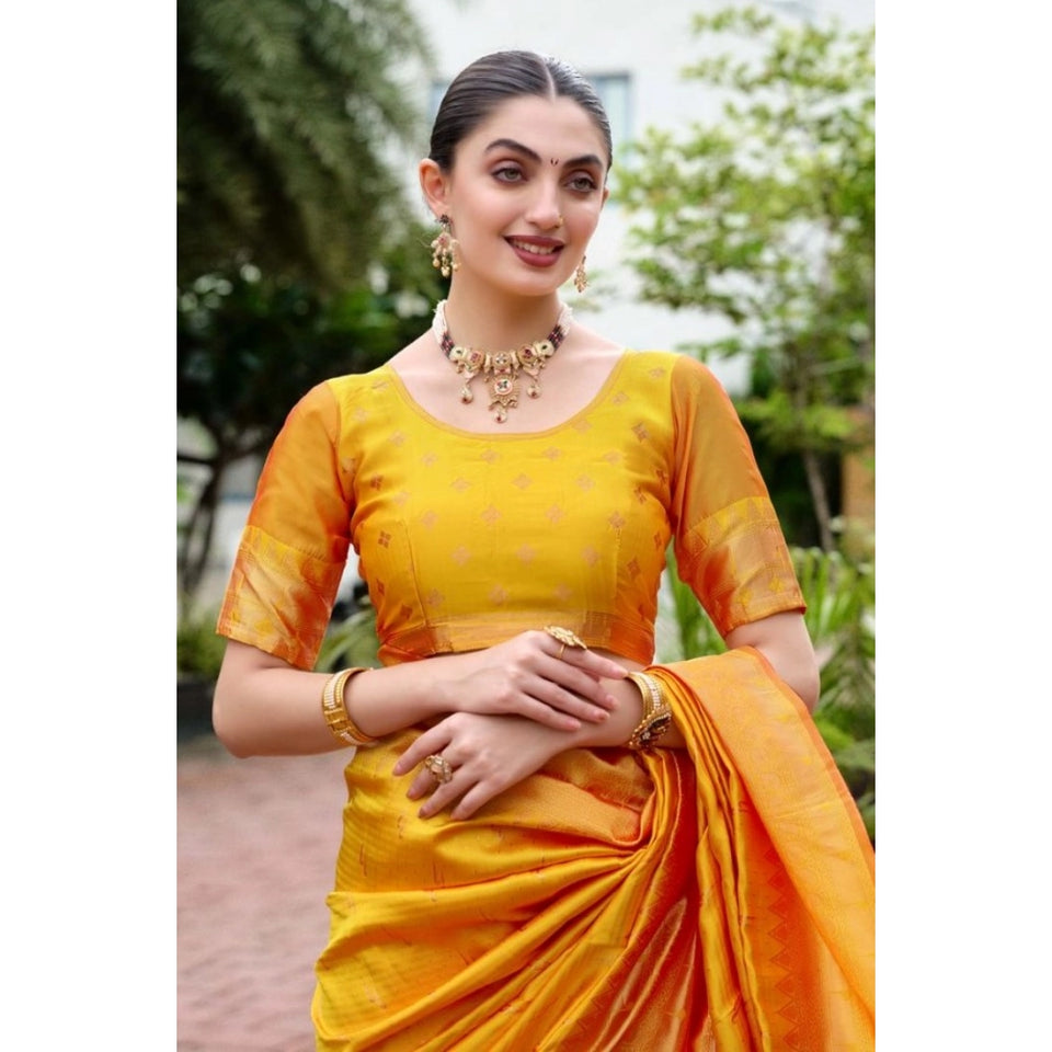 Generic Women's Silk Blend Paithani Weaving Saree With Unstitched Blouse 5.5Mtr (Mustard)