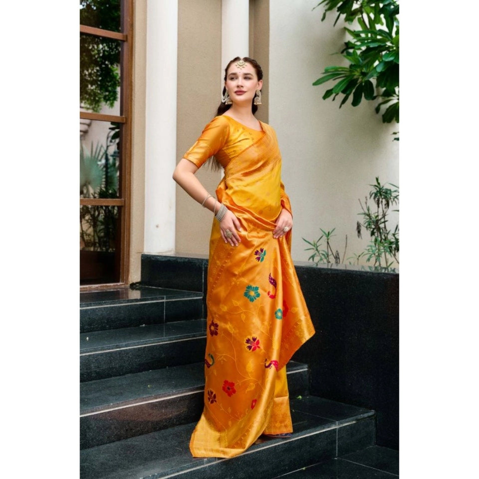 Generic Women's Silk Blend Zari Woven Saree With Unstitched Blouse 5.5Mtr (Mustard)