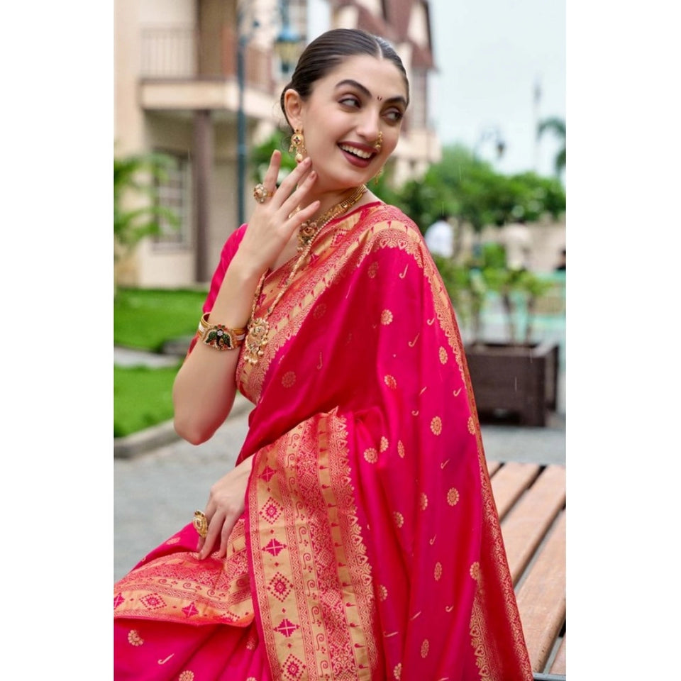 Generic Women's Silk Blend Zari Woven Saree With Unstitched Blouse 5.5Mtr (Red)