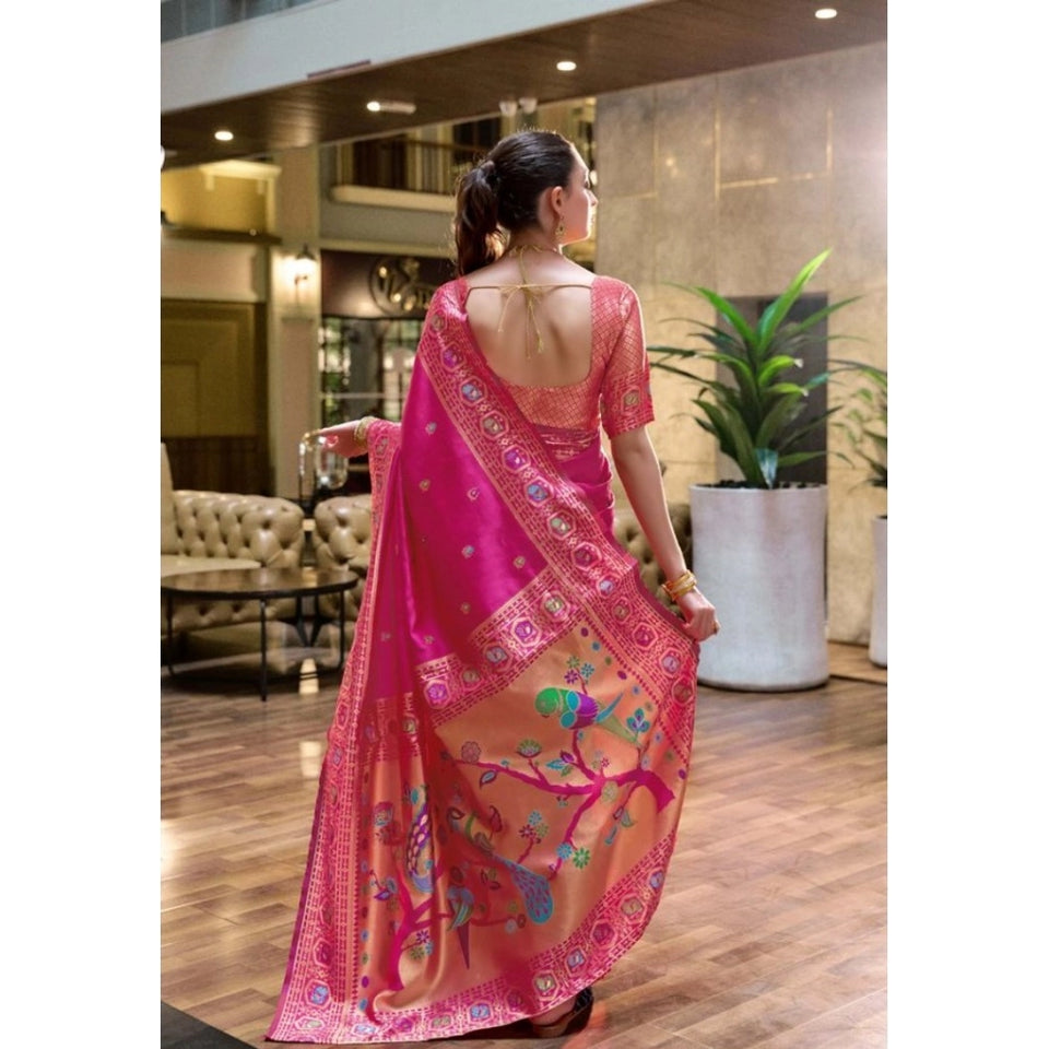 Generic Women's Silk Blend Paithani Weaving Saree With Unstitched Blouse 5.5Mtr (Pink)