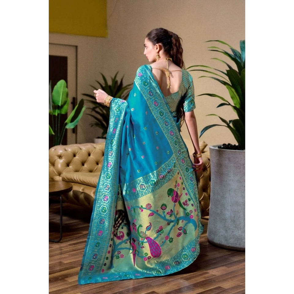 Generic Women's Silk Blend Paithani Weaving Saree With Unstitched Blouse 5.5Mtr (Rama)