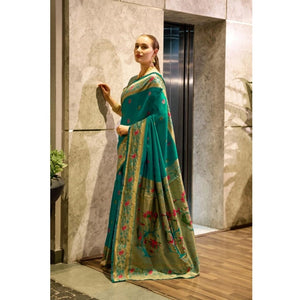 Generic Women's Silk Blend Zari Woven Saree With Unstitched Blouse 5.5Mtr (Green)