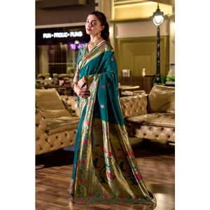 Generic Women's Silk Blend Zari Woven Saree With Unstitched Blouse 5.5Mtr (Teal)